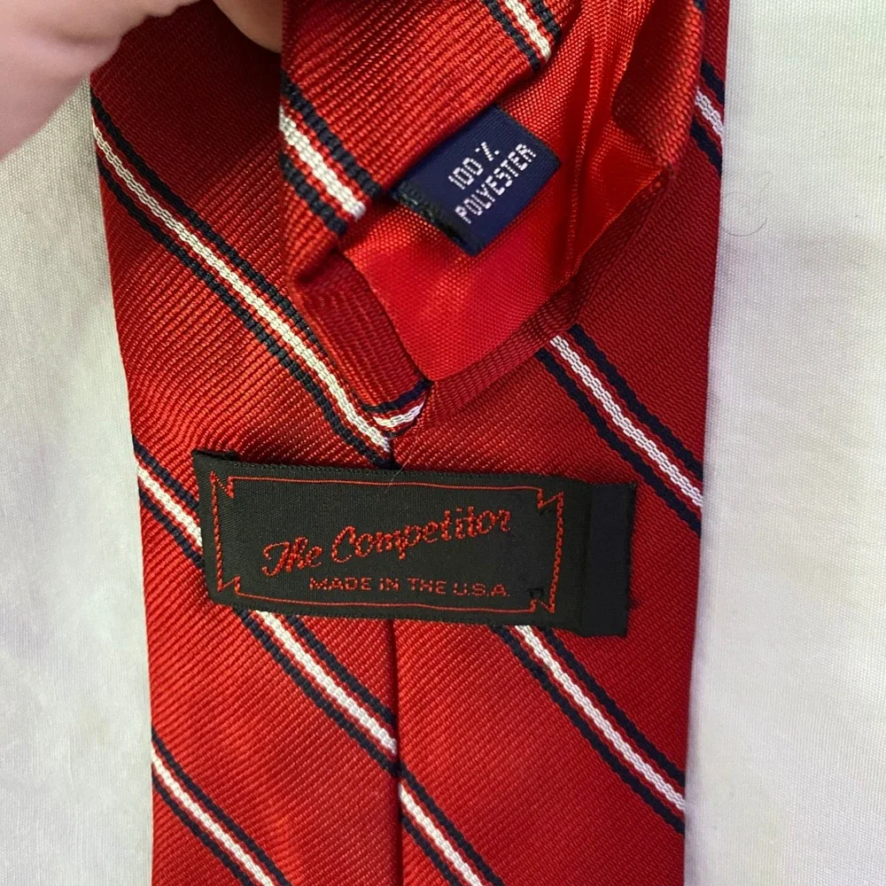 The Competitor Necktie Mens OS Red Excellent‎ Striped Atomic Logo USA Made
